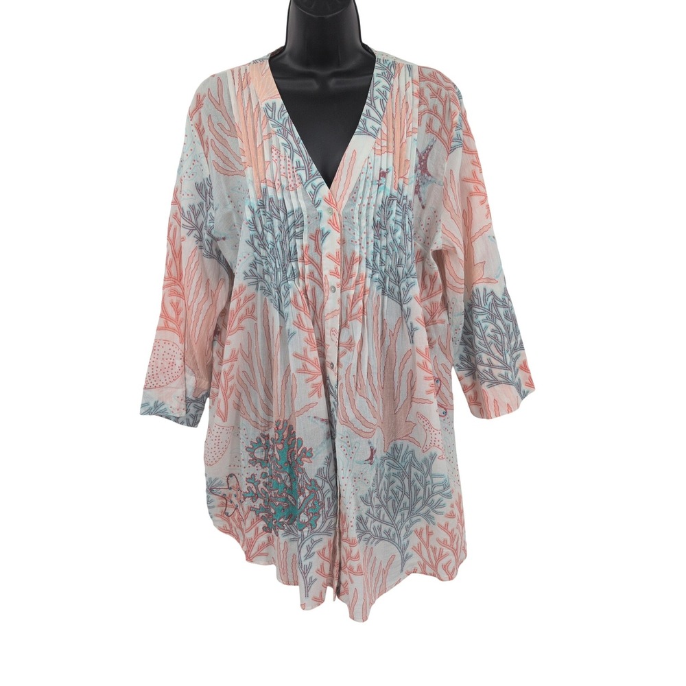Soft Surroundings Kimono Tunic Top Coral Reef Embroidered Coastal Resort XLarge
